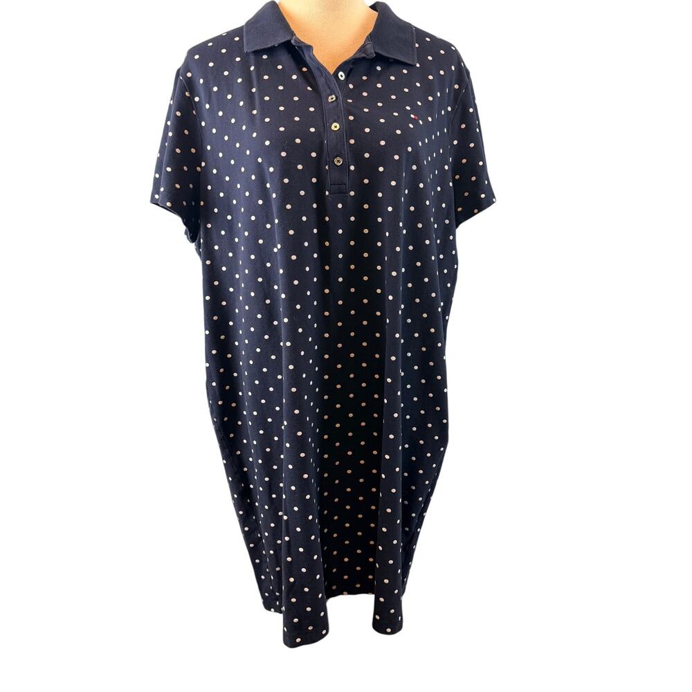 Tommy Hilfiger Plus Size 1X Navy Blue Polka Dot Dress Slip On Collared USA Women